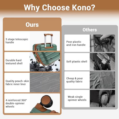 Kono Expandable 24 Inch Luggage with Spinner Wheels, Medium Checked Luggage with Lock, Lightweight & Anti-Scratch PC+ABS Hardshell Travel Suitcase, Green/Brown - color: Green/Brown, size: Checked-medium 24-inch