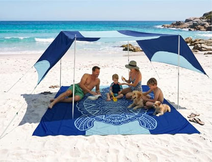 Beach Blanket Waterproof Sandproof with Stakes,Sand Pockets and Carry bag - color: Blue Seaturtle
