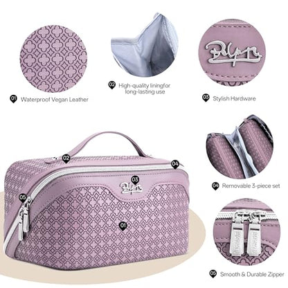 BOYATU Travel Makeup Bag for Women: Four Leaf Clover 3 Pcs Set Cosmetic Bag - color: M-02Purple