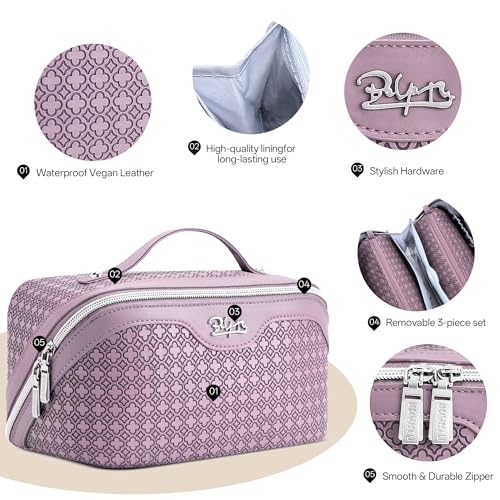 BOYATU Travel Makeup Bag for Women: Four Leaf Clover 3 Pcs Set Cosmetic Bag - color: M-02Purple