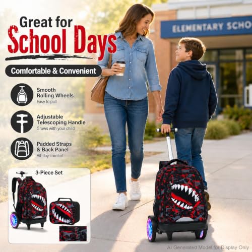 20 Inches Large Wheels Rolling Backpack for Boys with Light Up, 3Pcs Kids Graffiti Shark Wheeled Backpack Set for Elementary School (Red) - color: BigMouth-Red (Large Wheel)