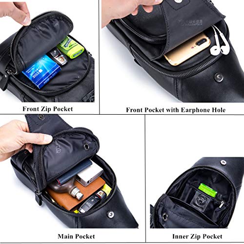 BULLCAPTAIN Genuine Leather Sling Bag for Men XB-129 | USB Charging Port, Multi-pocket, Chest Bag, Hiking Travel Daypack - color: Magic Black