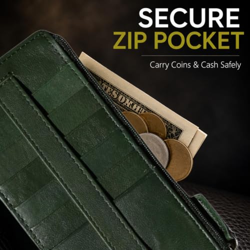 Leatherboss Genuine Leather Women's All in One Credit Business Card Case Holder Slim Zipper Wallet With a Card Protection Strap, Teal Green - color: Teal Green
