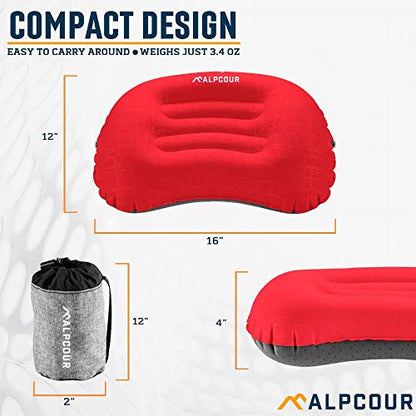 Alpcour Camping Pillow – Large, Inflatable, Ultralight Sleeping Pillow with Easy Blow Up Design, Soft Waterproof Exterior Cover and Compact Carry Case for Hiking, Backpacking, Airplane Travel & More - color: Frost Grey