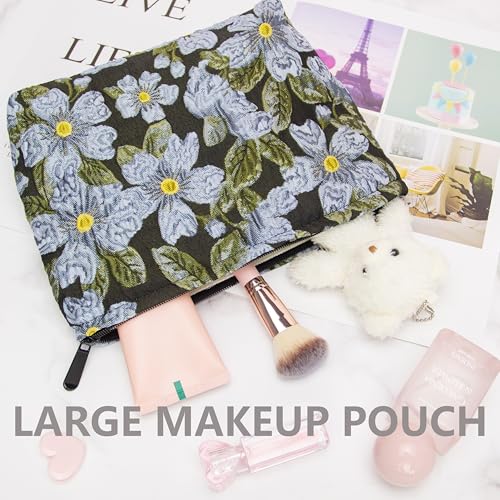 Flat Makeup Bag for Women,Zipper Cosmetic Pouch Purse,Brocade Flower Black - color: Brocade Flower Black