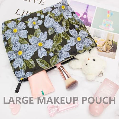 Flat Makeup Bag for Women,Zipper Cosmetic Pouch Purse,Brocade Flower Black - color: Brocade Flower Black