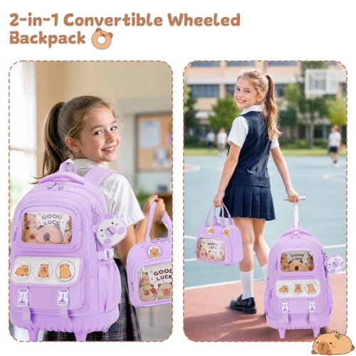 Capybara Rolling Backpack for Girls with Lunch Box & Pencil Case - color: Purple