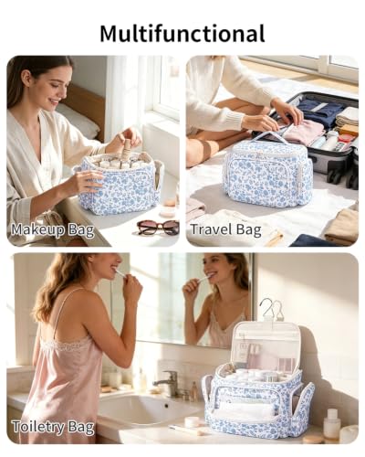 Narwey Hanging Travel Toiletry Bag for Women, Large Makeup Cosmetic Bag - color: Y-Blue Flower
