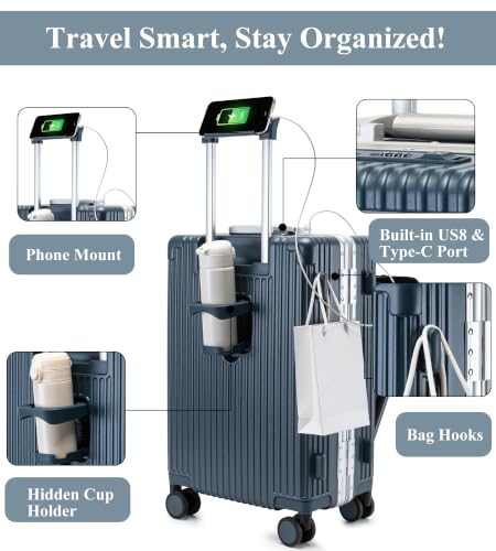 feilario PC Hardside Carry On Luggage, Aluminum Frame, TSA Lock, Cup Holder - color: A7-dark blue (zipperless closure), size: 20.8"