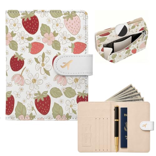 RFID Passport Holder with Tracker Slot, Leather Travel Wallet - color: Strawberry