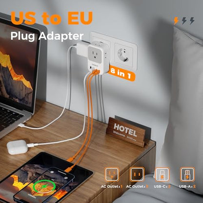 TESSAN US to Europe Plug Adapter, Type‑C Travel Adaptor - style: Type C- Most of Europe