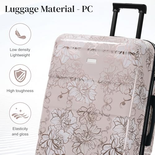 Luggage Sets 5-Piece PC Hardside, Spinner Wheels & 3-Digit Lock - color: Pink Flower