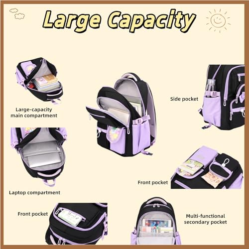 Rolling Backpack for Girls 3PCS Kids Backpack Set Cute Trolley Bags for Elementary Middle High School Wheeled Bookbags - color: 3pcs Black+purple 6 Wheels