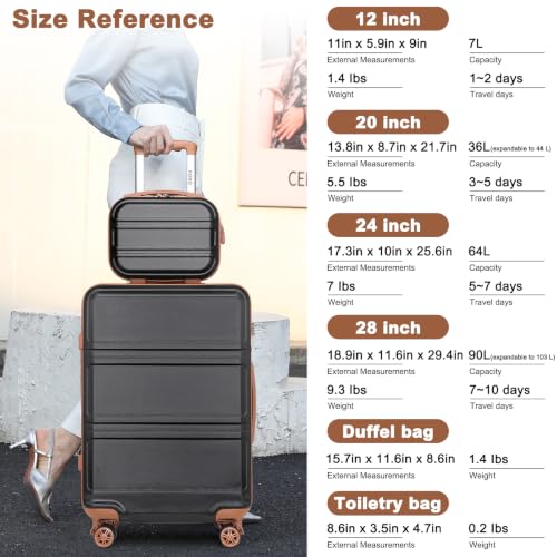 Kono Suitcase Set 3 Piece Luggage Set Expandable with Spinner Wheels - color: Apricot Black, size: 6-piece set (Db/Tb/12/20/24/28)
