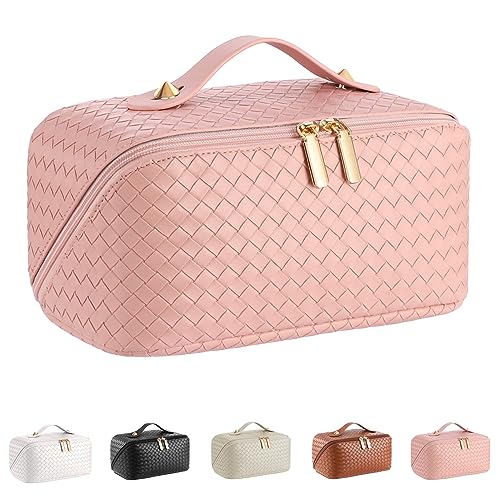 ALEXTINA Travel Makeup Bag, Woven PU Leather Cosmetic Bag, Pink - color: woven-pink, size: Medium