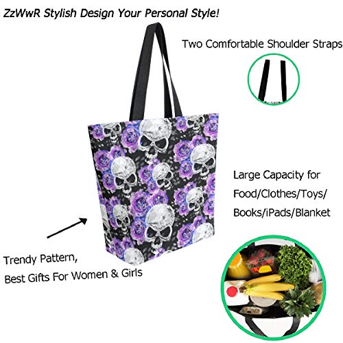 Woman's Violet Flowers and Skulls Pattern Large Canvas Long Handle Tote Bag | Fashion & Casual,with Zipper Pocket,for Gym Reusable Grocery Bags Shopping Daily Weekender,Beach Travel Gifts for Men Women - style: Flowers&skulls