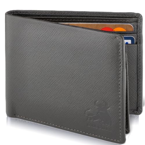 BULLGUARD Mens RFID Blocking Wallet Bifold with Flip Up ID in Saffiano Grey Genuine Leather - color: Wild Mountain Grey