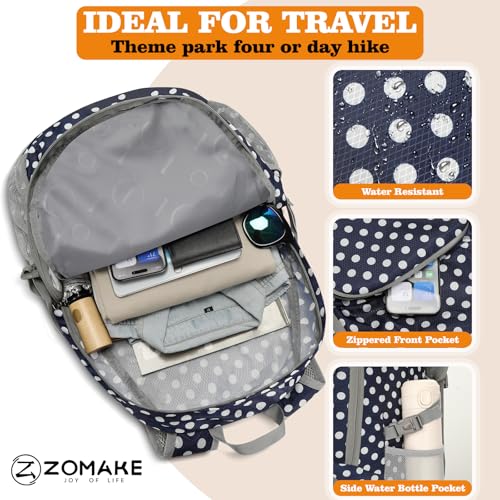 ZOMAKE Lightweight Packable Backpack 30L, Foldable Travel Hiking Daypack - color: D-navy Blue,white Polka Dots