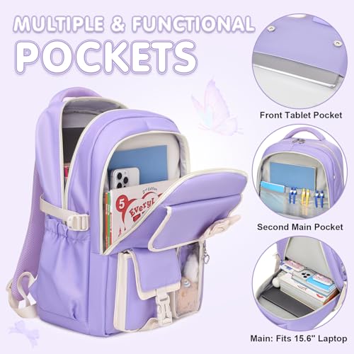 GeeWin Girls Backpack for School Cute Bow with Lunch Box & Pencil Case Set - color: Purple Beige