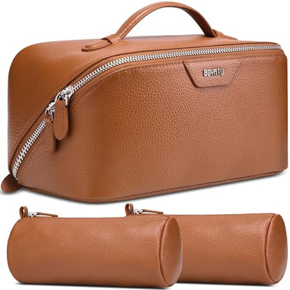 BOYATU Genuine Leather Travel Makeup Bag: Hand-made 3 Pcs Set Cosmetic Bags - color: 01Brown