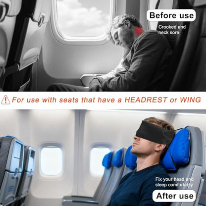 Travel Pillows for Airplanes, Airplane Head Strap with Silk Eye Mask for Sleeping, Long Flights & Car Road Trips 360°Headrest Neck Support, Stops Bobbing, Small & Compact（Black） - color: Black