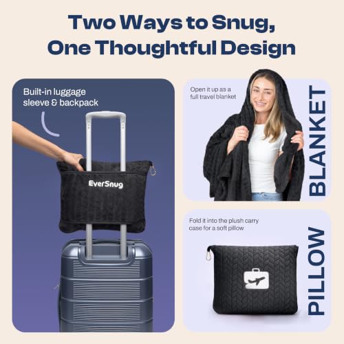 EverSnug Travel Blanket & Pillow 68x42 - Premium Ultra-Soft Microfleece 2 in 1 Compact & Packable Flight Blanket with Soft Bag Pillowcase, Hand Luggage Sleeve and Backpack Clip (Black) - color: Black