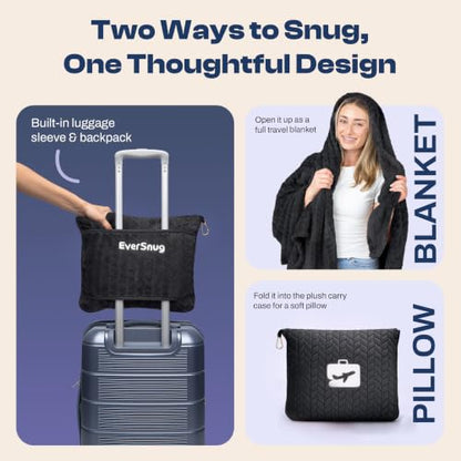 EverSnug Travel Blanket & Pillow 68x42 - Premium Ultra-Soft Microfleece 2 in 1 Compact & Packable Flight Blanket with Soft Bag Pillowcase, Hand Luggage Sleeve and Backpack Clip (Black) - color: Black