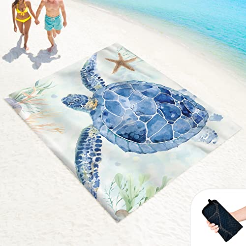 Beach Blanket Waterproof Sandproof Large 100x80in with Mesh Bag - color: Watercolor Turtle