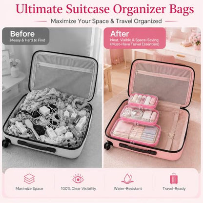 3 PCS Clear Hard Shell Zipper Case, Transparent Zipper Pouch, Pink - color: Pink