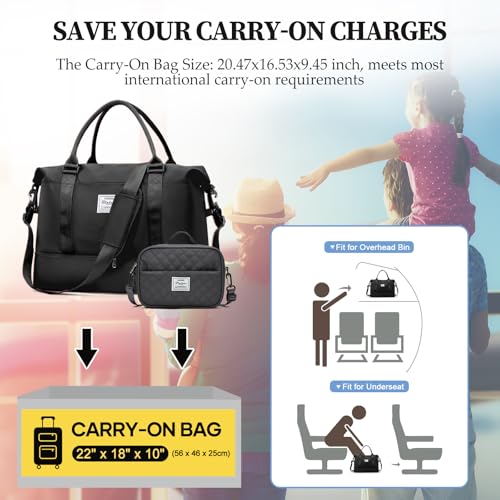 Weekender Bags for Women,Personal Item Travel Bag with Shoes Compartment - color: Black with BlackGray Toiletry Bag, size: Extra Large