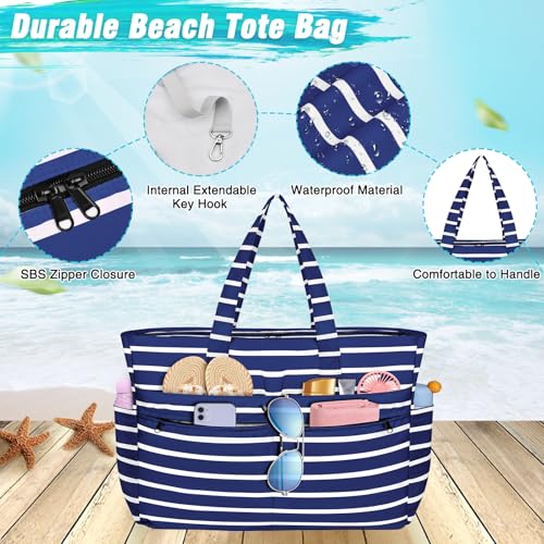 HUANLANG Extra Large Beach Bag Waterproof Beach Totes Bags for Women Men,Pool Bag with Zipper Wet Pocket - color: Dark Blue and White