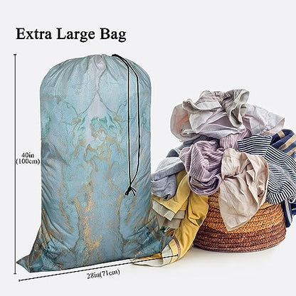 Swono Marble Stone Laundry Bag with Drawstring Closure, Foldable, Compact, Lightweight, 28" X 40" Blue Golden Liquid Lines Packable Dirty Clothes Pouch for College Dorm, Camp, Road Trip, Cruise or Gym - color: Marble Stone