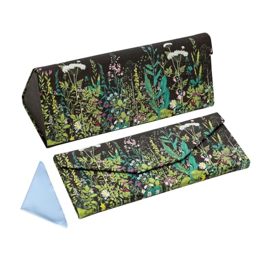 Foldable Glasses Case, Magnetic PU Leahter Sunglasses Case, Cute Hard Shell Folding Eyeglass Cases for Women Kids - color: Black Flowering Shrubs
