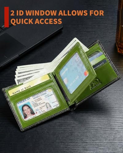 Men's Cowhide Leather RFID Wallet, Slim Bifold (Green) - color: Green