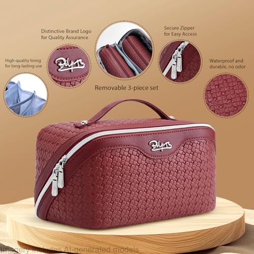 BOYATU Travel Makeup Bag Cosmetic Bags for Women: 3 Pcs Set Make up Bag - color: L52Burgundy