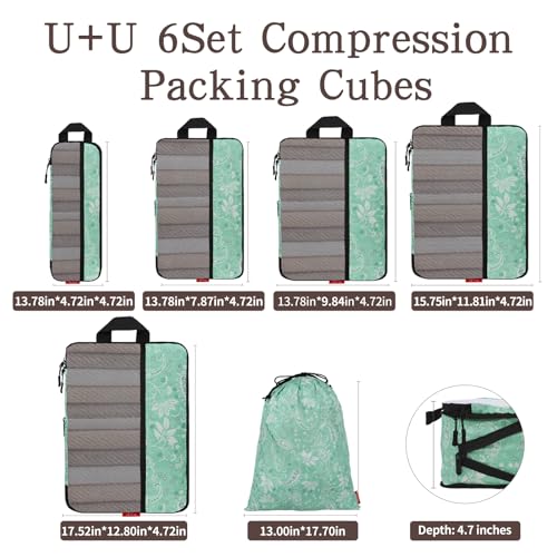 U+U 6 Set Compression Packing Cubes, Travel Organizers (Green Paisley) - color: Green Paisley, size: 6 Set