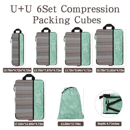 U+U 6 Set Compression Packing Cubes, Travel Organizers (Green Paisley) - color: Green Paisley, size: 6 Set