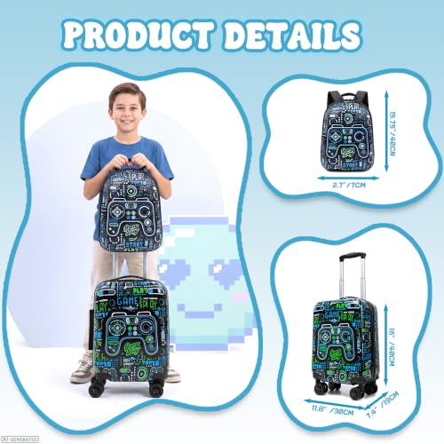 4 Piece Kid's Luggage Set 16" Hardside Luggage with Spinner Wheels Boys Carry on Toddler Travel Rolling Suitcase Airline Approved - color: Black Game Controller