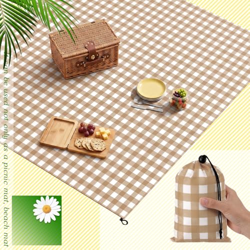 HunnmingRe Gingham Pocket Picnic Blanket Lightweight Portable, Khaki - color: Khaki, style: Gingham