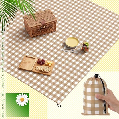 HunnmingRe Gingham Pocket Picnic Blanket Lightweight Portable, Khaki - color: Khaki, style: Gingham