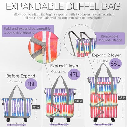 Rolling Duffel Bag - Foldable Expandable Duffle With Wheels for Travel, Luggage Carry On, Large Backpack Weekend Bag for Men Women (Rainbow) - color: Rainbow