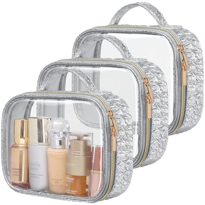 PACKISM TSA Approved Toiletry Bag - 3 Pack Ruched Textured Clear Makeup Bag - color: LA- Silver, size: Medium Set