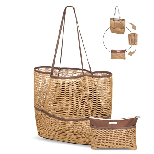 Mesh Beach Tote Bag for Women, 2-in-1 Large Lightweight Foldable Design - color: Khaki