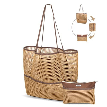 Mesh Beach Tote Bag for Women, 2-in-1 Large Lightweight Foldable Design - color: Khaki