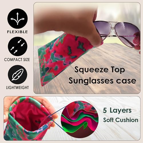 Soft Sunglasses case | Large Glasses Case Holder - Eyeglass Pouch Squeeze Top | Glasses pouch Lightweight Extra Layers - color: Ct8 Tie Dye Pink Green
