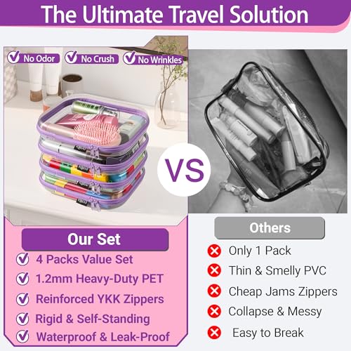YQBRAO Clear Hard Shell Zipper Cases, 4 Medium Makeup Organizers, Purple - color: Purple, size: 4 Pack(M)