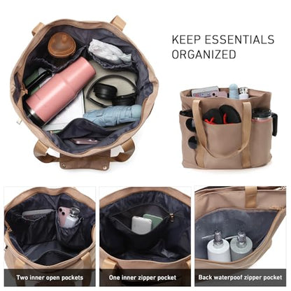 Waterproof Tote Bag with Zipper Foldable Beach Bag for Travel - color: Beige