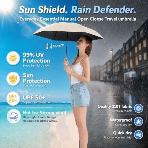BAODINI Mini Travel Umbrella with UV Sun Protection, Compact Pocket-Size - color: G-1-Beige