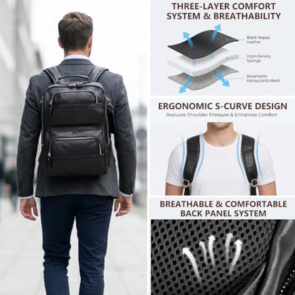 LANNSYNE Nappa Leather Backpack for Men, 16" Laptop Work Travel Bag, Black - color: Black