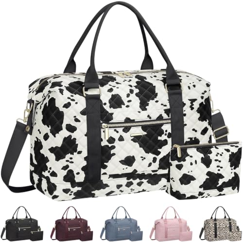 Tenot Quilted Duffle Bag for Women Travel Tote Bag with Luggage Sleeve - color: Cow Print, size: Medium